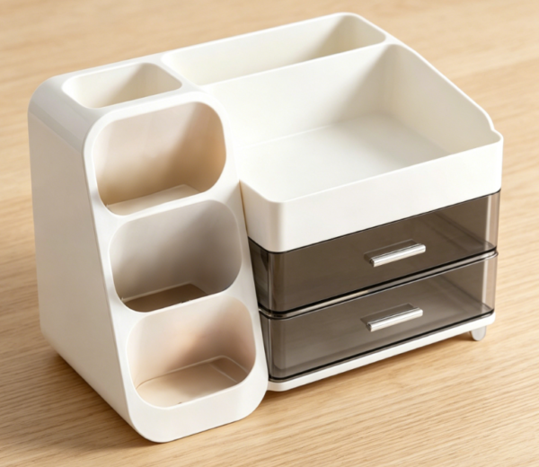 Desktop Pen Holder & Organizer | White | Features Pen Cup, 2 Drawers, & 4 Compartments | Office, School, & Art Supply Organization