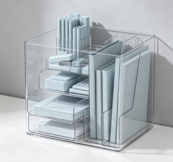Desktop Organizer with 2 Vertical File Holders | 4-Tier Stackable | Includes 5-Slot Pen Holder | Transparent Office File Management