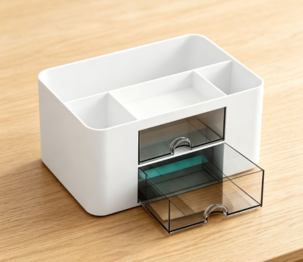 Dual-Drawer Pen Holder Organizer | White Plastic | 5 Pen Compartments + 1 Drawer | Desktop Organization for Office & School