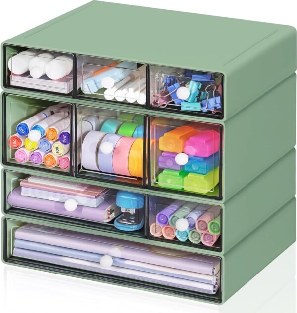 9-Drawer Desktop Organizer | Green | 4-Tier Stackable Transparent Drawers | Stationery & Office Supply Storage