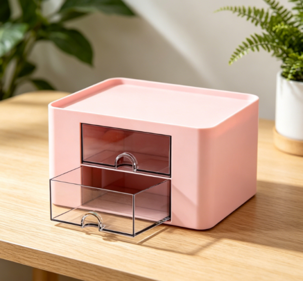 Stationery Organizer | Pink | 7-Compartment Desktop Organizer + Drawer | Plastic Pen Holder (For School & Office)